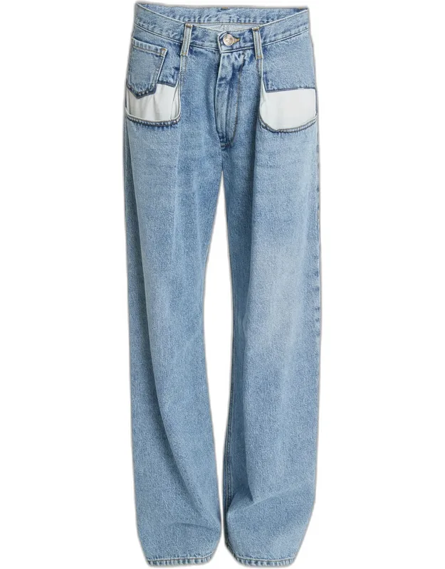 5-pocket Wide-leg Denim Pants With Elongated Front Pockets And Whiskering Detail