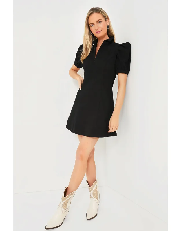 Black Front Zip Denim Dress With Puff Sleeves And A-line Silhouette
