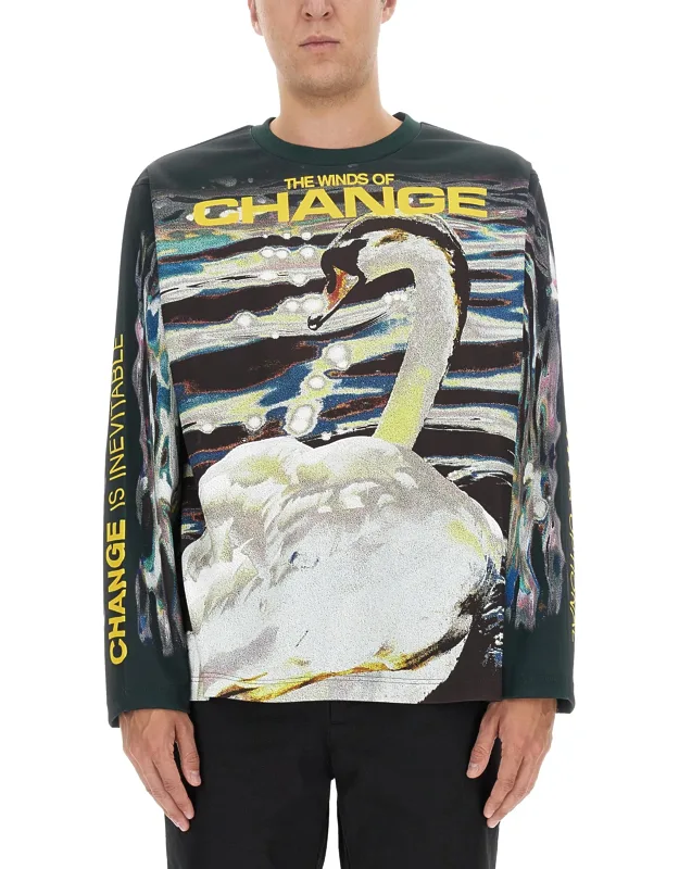 Swan Print T-shirt, 100% Polyester, Made In Italy